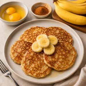 Three ingredient banana pancakes topped with fresh banana slices, served with eggs, cinnamon, and ripe bananas for a quick healthy breakfast.