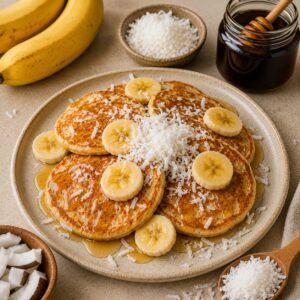 Coconut flour banana pancakes topped with banana slices, shredded coconut, and honey, served with fresh coconut pieces and a honey jar.