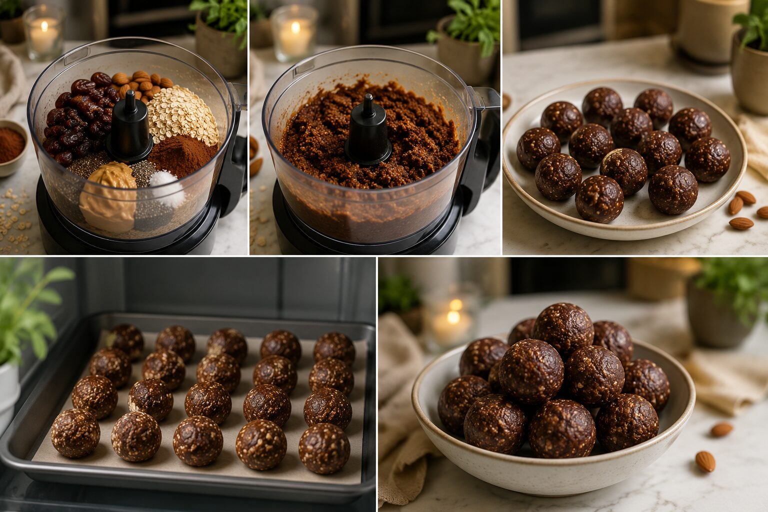 Step-by-step preparation of no sugar chocolate balls for weight loss showing ingredients in a food processor, blended mixture, rolled chocolate balls, chilling process, and finished healthy chocolate energy balls in a modern kitchen.
