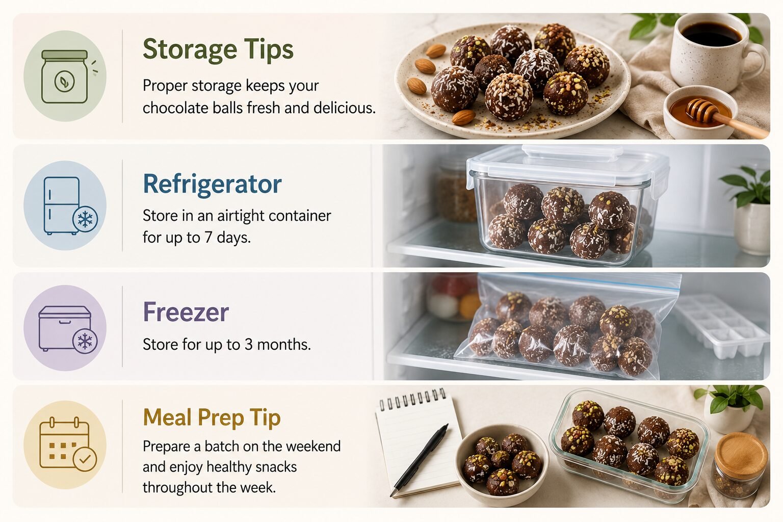 Storage tips for no sugar chocolate balls showing chocolate balls on a serving plate, airtight refrigerator container, freezer storage bag, and meal prep containers for healthy weekly snacking.