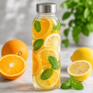 Orange and lemon detox water in a glass bottle with fresh citrus slices and mint leaves.