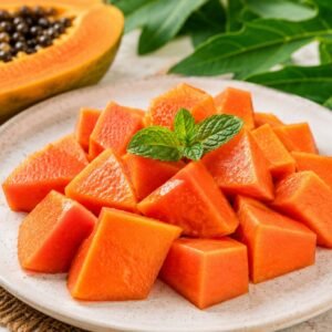 Fresh papaya cubes beautifully arranged on a premium plate, one of the Best Vitamin C Fruits for Glowing Skin.