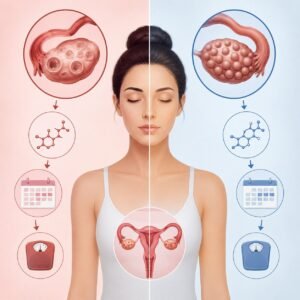 Scientific comparison of PCOD and PCOS showing ovarian changes, hormone imbalance, menstrual cycle differences, and women's reproductive health