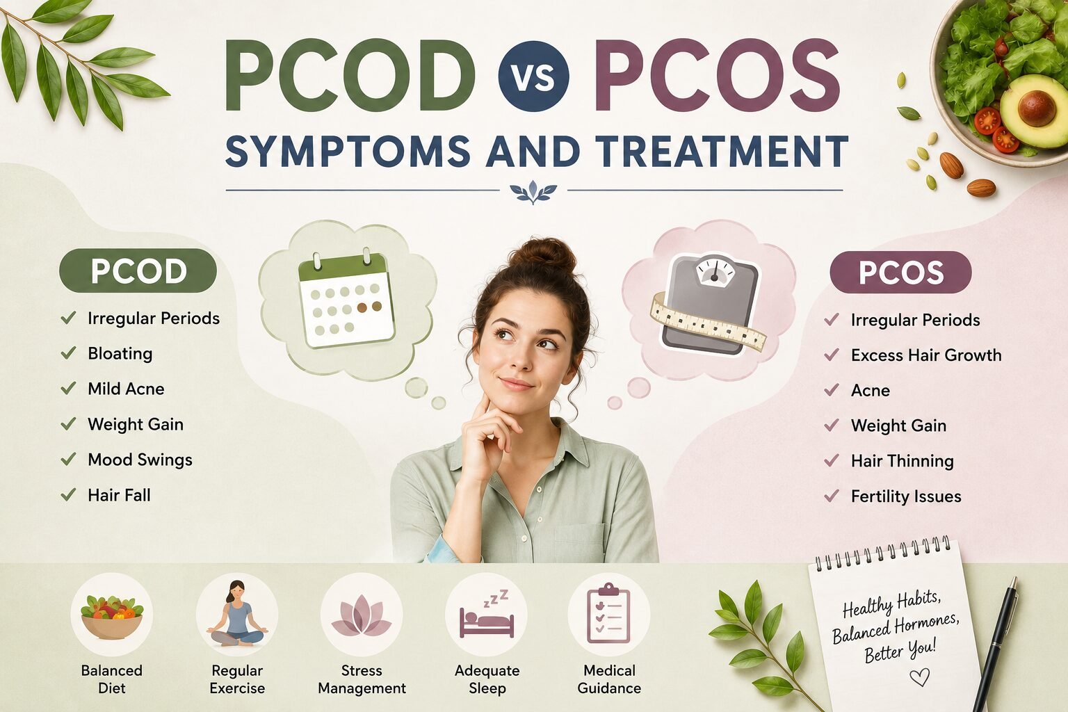 PCOD vs PCOS symptoms and treatment comparison showing common symptoms, causes, healthy lifestyle habits, diet, exercise, and hormonal health management for women