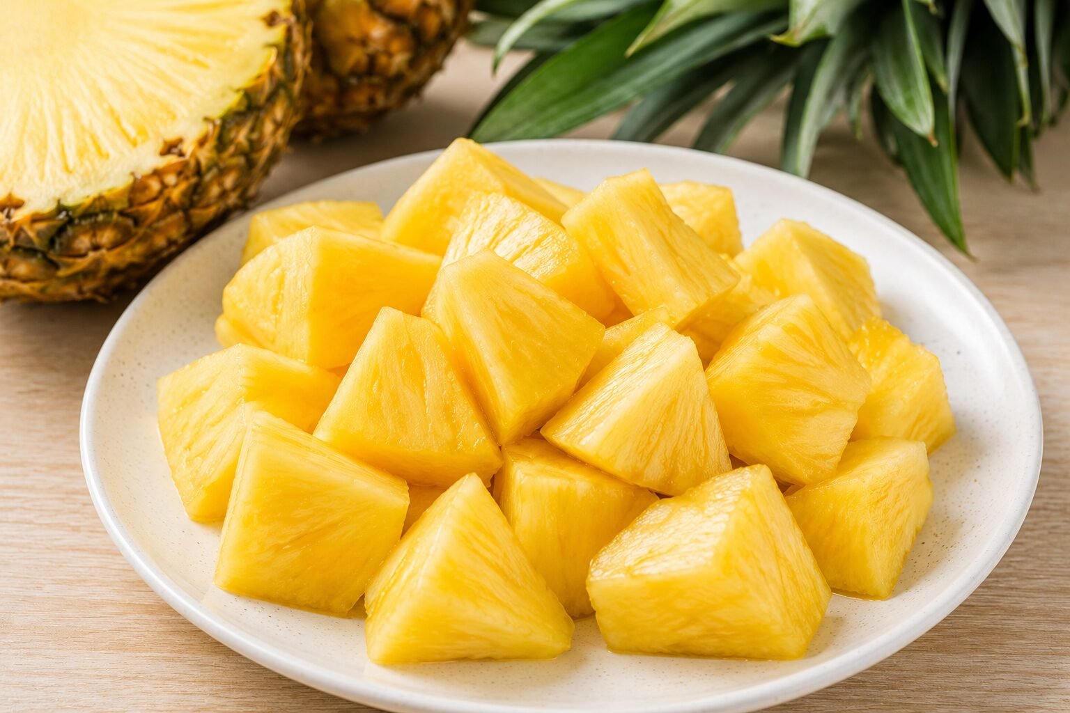 Fresh pineapple chunks arranged on a premium plate, one of the Best Vitamin C Fruits for Glowing Skin.