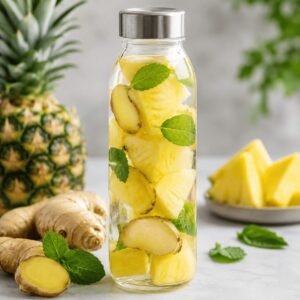 Pineapple ginger detox water in a clear glass bottle with fresh pineapple chunks and ginger slices.