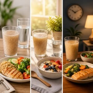 Psyllium Husk for Weight Loss shown with healthy breakfast, lunch, and dinner meals alongside a fiber drink and water in a balanced daily routine