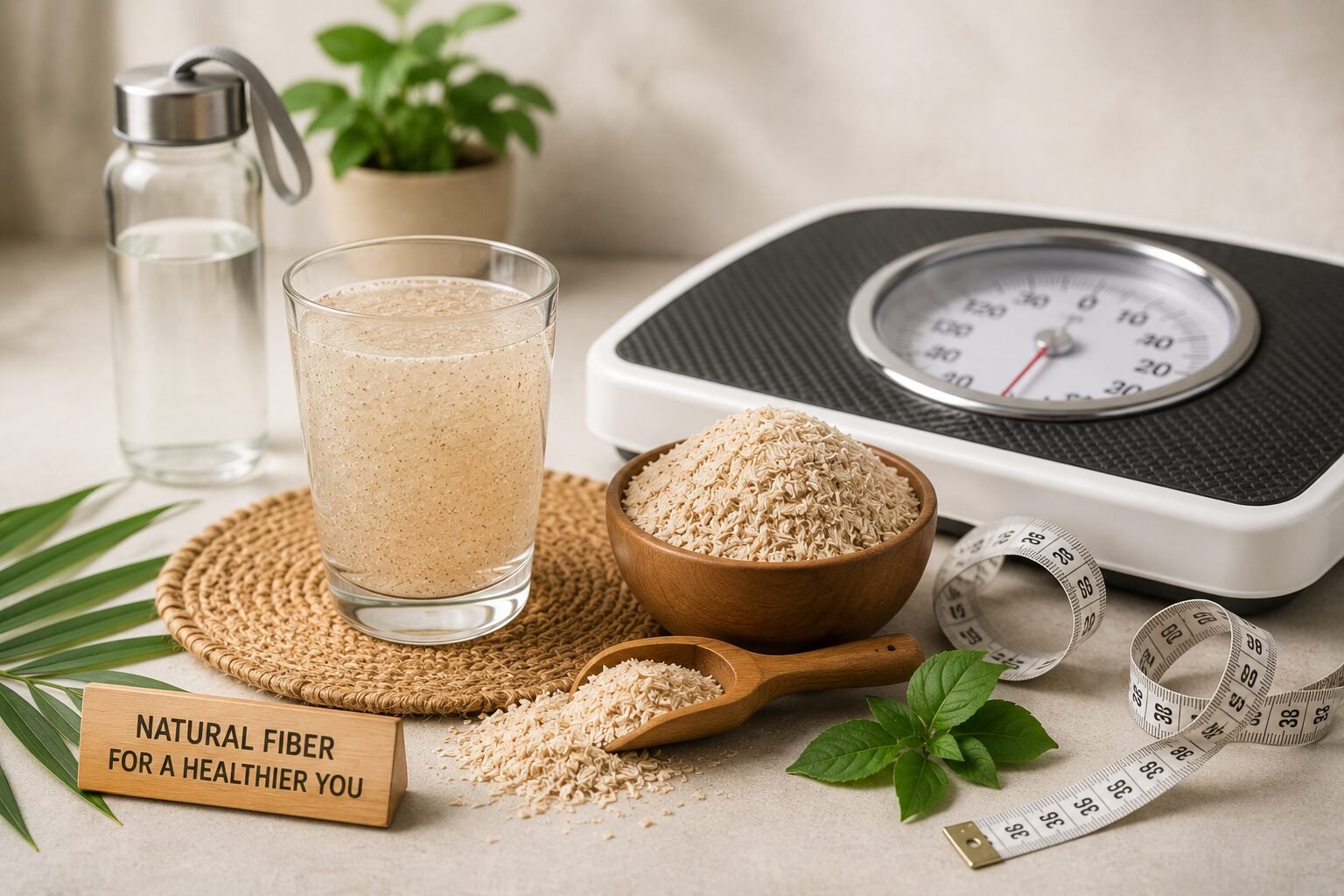 Psyllium Husk for Weight Loss with healthy fiber drink, measuring tape, and weight management concept