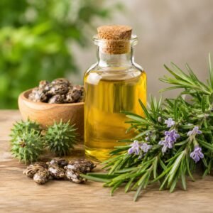 Rosemary and castor oil with fresh rosemary leaves in a glass bottle for natural hair growth and thicker hair.