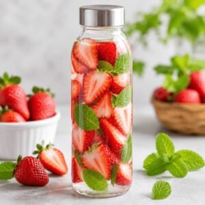 Fresh strawberry detox water in a clear glass bottle with sliced strawberries and mint leaves.