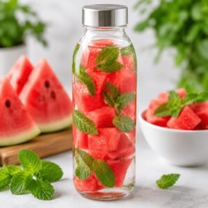 Watermelon mint detox water in a clear glass bottle with fresh watermelon cubes and mint leaves.