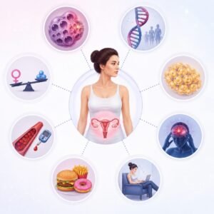 Scientific illustration showing the causes of PCOD and PCOS including hormonal imbalance, genetics, insulin resistance, unhealthy diet, stress, and sedentary lifestyle in women