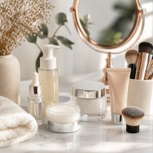 Skincare and makeup essentials arranged on a beauty vanity to illustrate why your skincare routine matters before makeup for healthier skin and smoother makeup application.