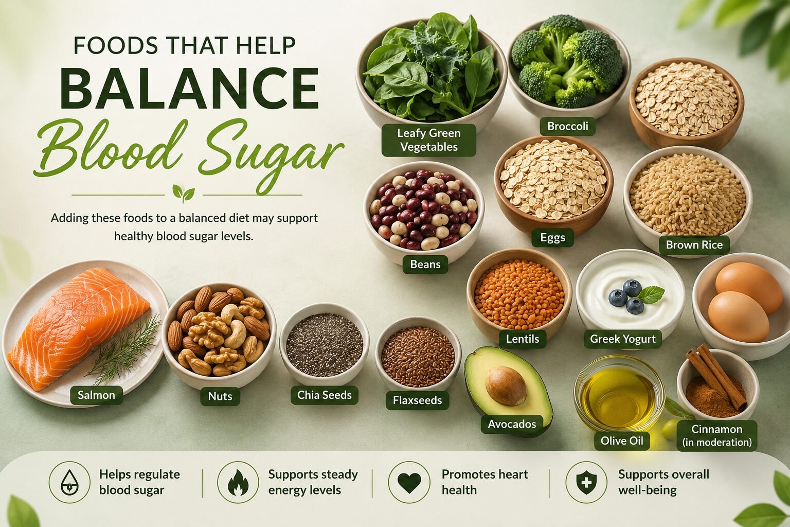 Healthy foods that may support healthy blood sugar levels, including leafy green vegetables, broccoli, oats, brown rice, beans, lentils, Greek yogurt, eggs, salmon, nuts, chia seeds, flaxseeds, avocados, olive oil, and cinnamon.