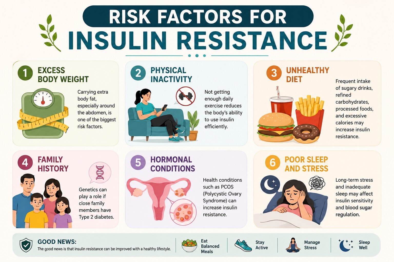Insulin resistance risk factors infographic showing excess body weight, physical inactivity, unhealthy diet, family history, hormonal conditions, and poor sleep with stress.